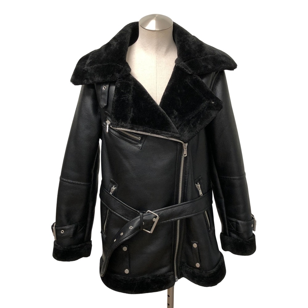 Avec Les Filles Biker Jacket Womens Medium Black Faux Shearling Trim Belted Moto